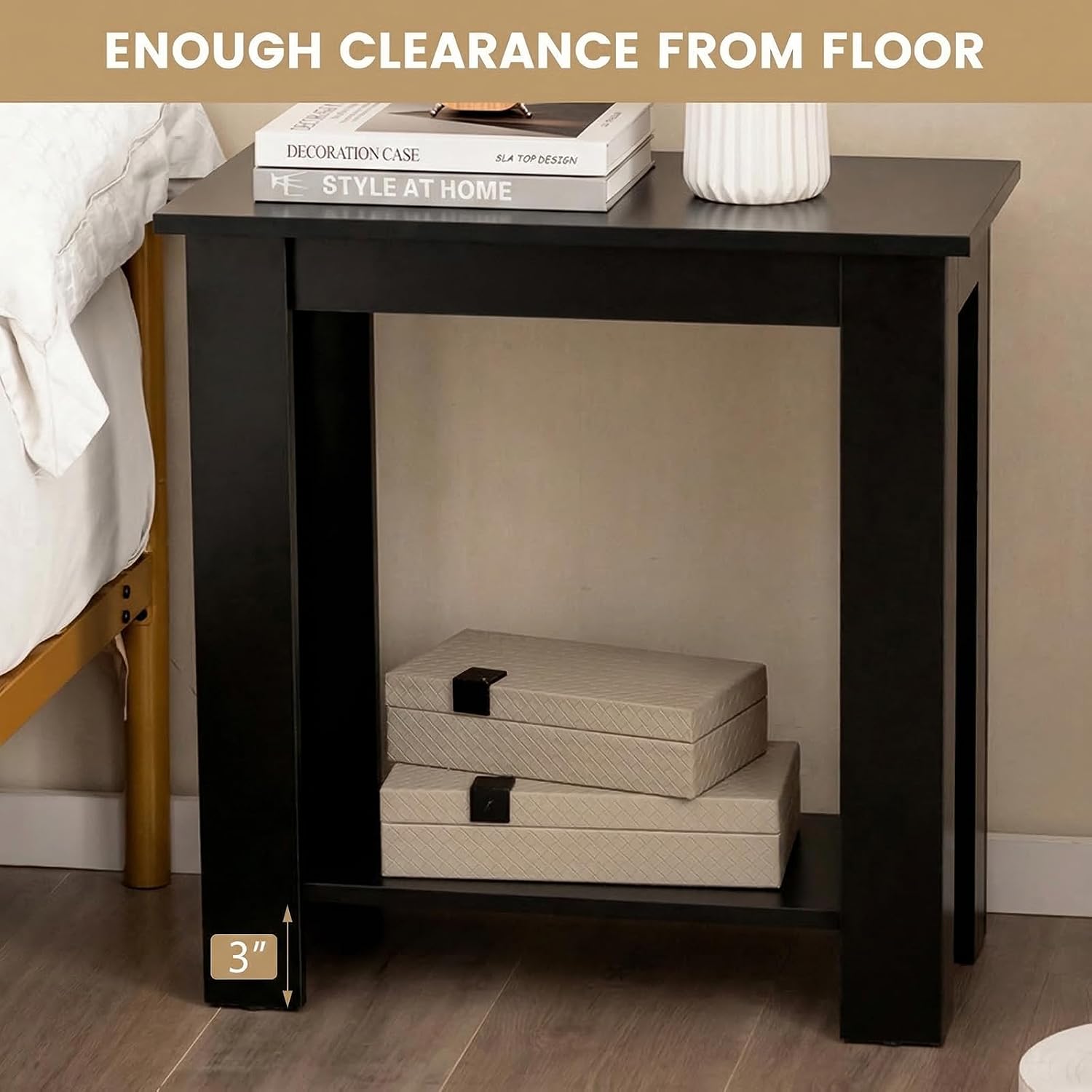 Giantex Narrow End Table, 2-Tier Side Table with Open Storage Shelf, Retro Wood Sofa Table Bedside Tables for Small Spaces, Slim Nightstand for Living Room, Bedroom, Easy Assembly, Black