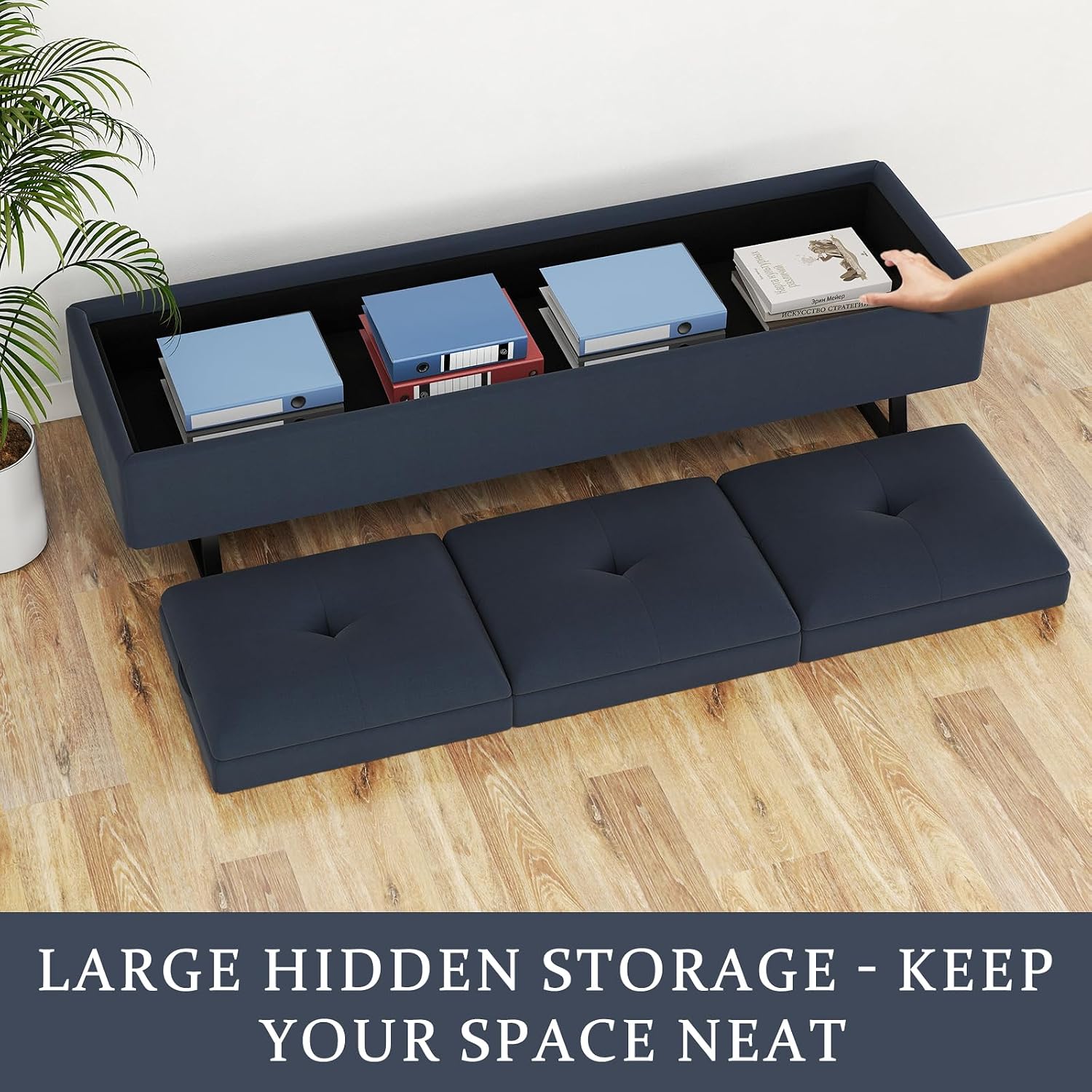 kinbor Waiting Room Chairs - Fabric Office Guest Chair, 3 Seats Upholstered Reception Bench Seating, Lobby Furniture for Salon and Shop, End of Bed Bench for Bedroom, Living Room, Hallway, Navy Blue