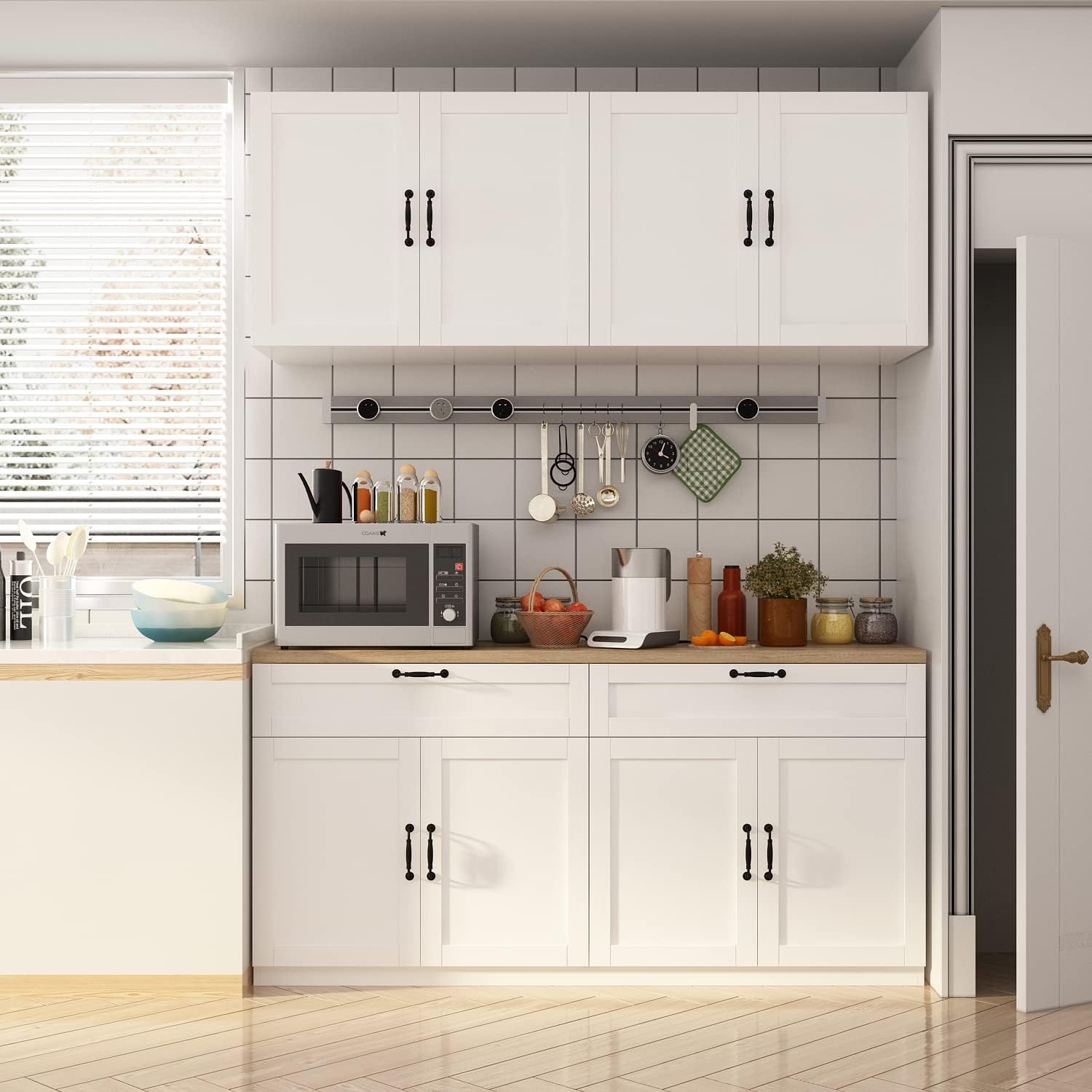 ECACAD Wall-Mounted Kitchen Pantry with Doors, Drawers & Adjustable Shelves, Kitchen Cupboard Storage Cabinet with Oak Top for Living Room, White