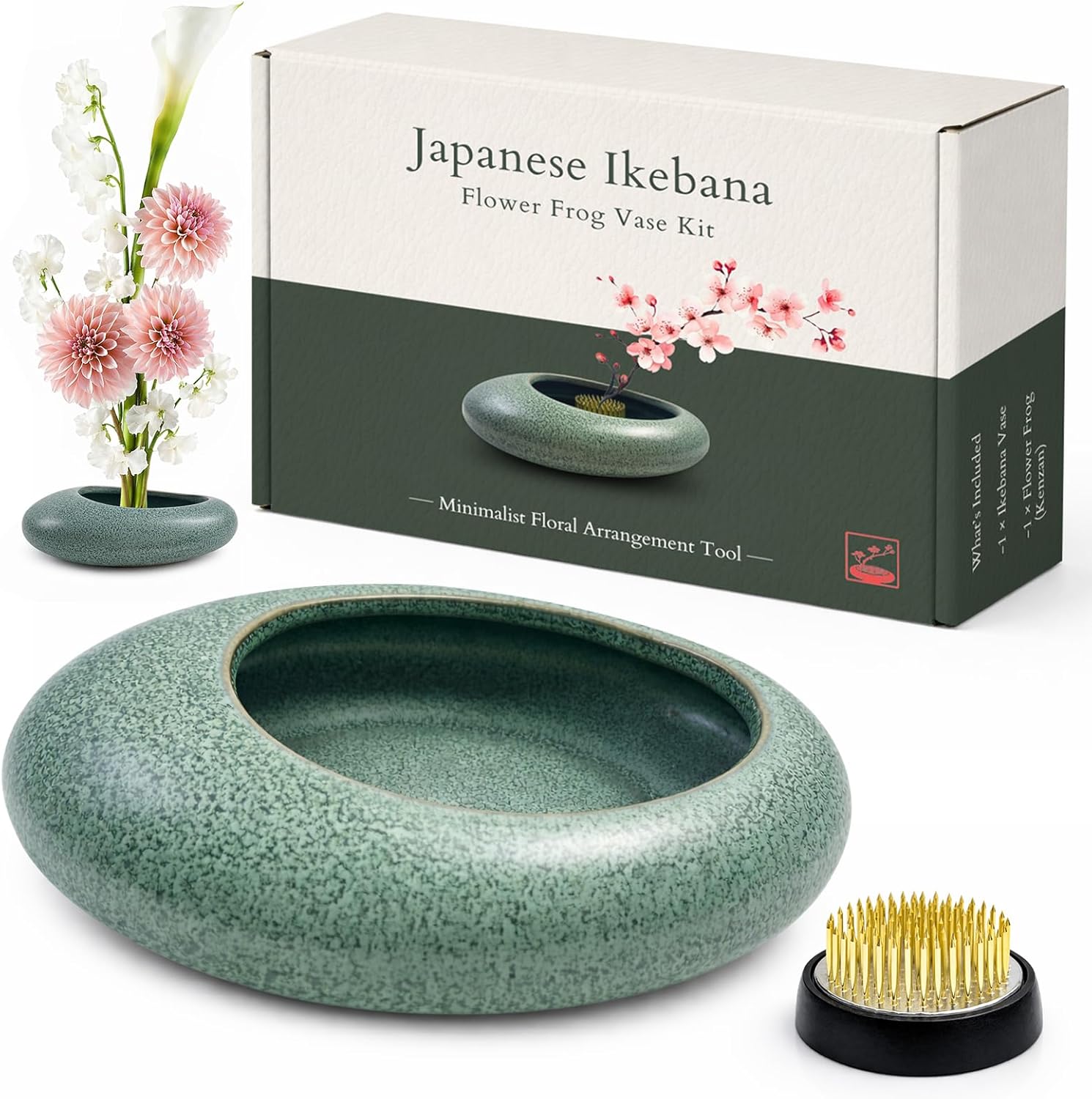 Japanese Flower Frog Vase Set, Celadon Glaze | Japanese Artisan, Flower Frog, Modern Flower Arrangement Pot, Living Room Decor & Art Supplies, Gift Box for Flower Lover