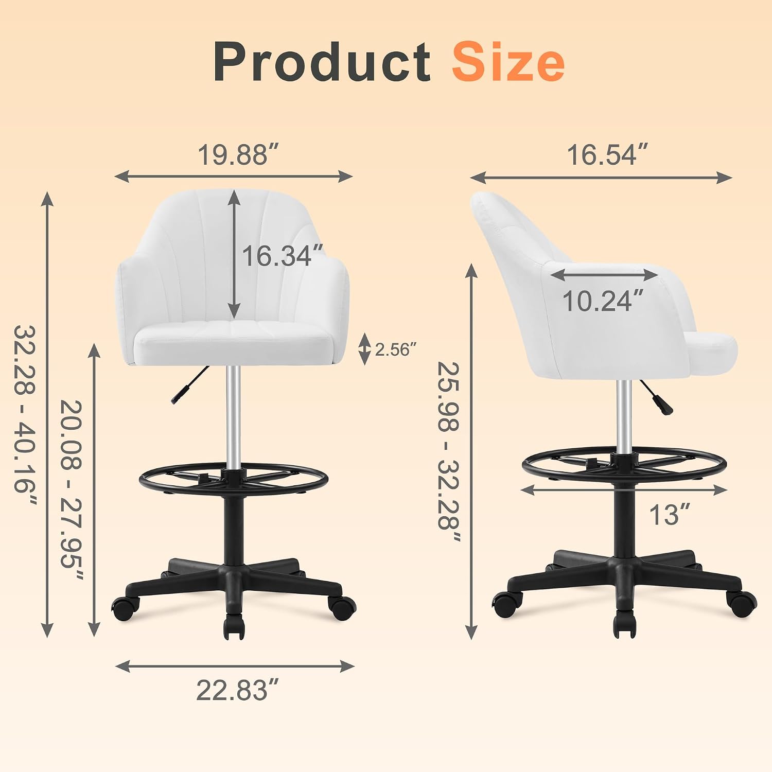 VECELO Drafting Chair with Height-Adjustable, Lumbar Support and Footrest, for Standing Desk Bedroom Vanity Office Living Computer Room, White