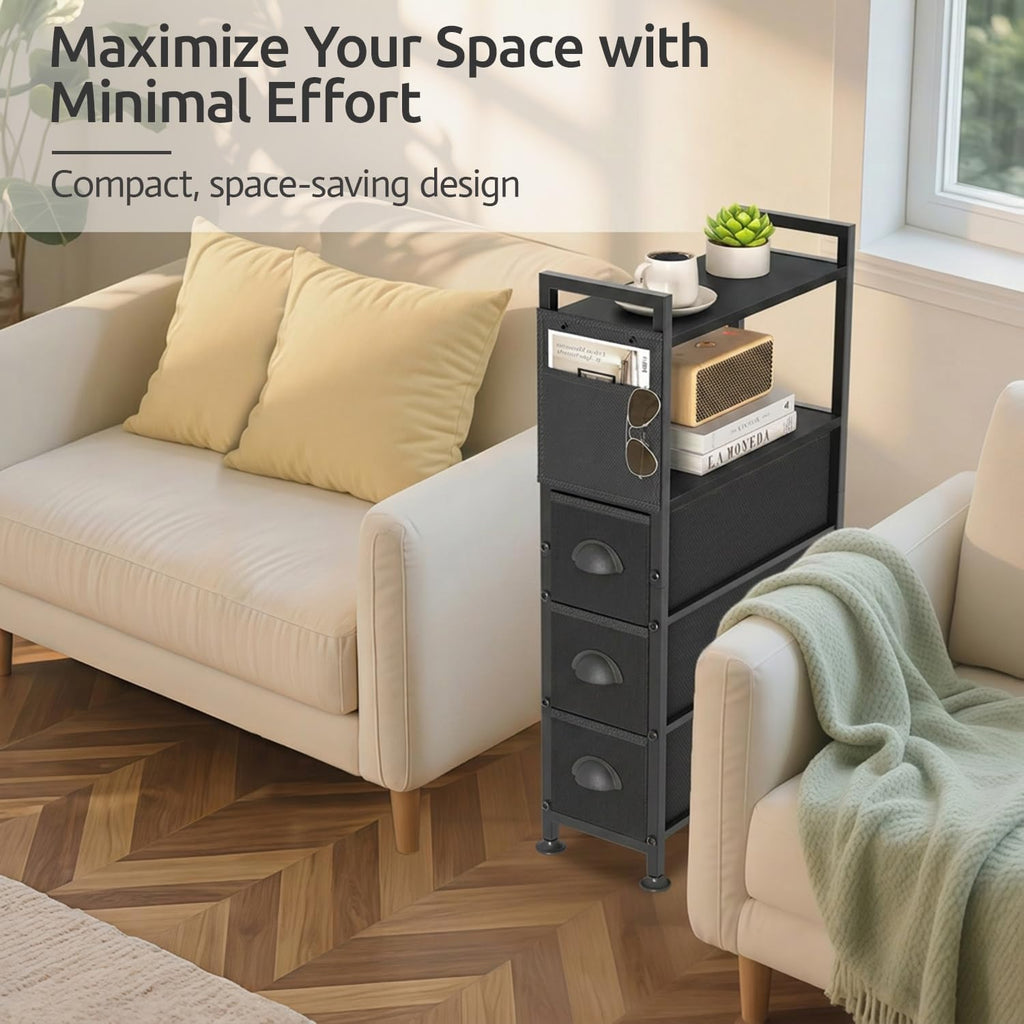 Oppro 3 Drawer Narrow Dresser Side End Table Small Spaces, Slim Nightstand Bedside Sofa Table with Wheels, Space Saving Skinny Thin Couch Desk with Storage Bag for Bedroom Living Room Bathroom,Black