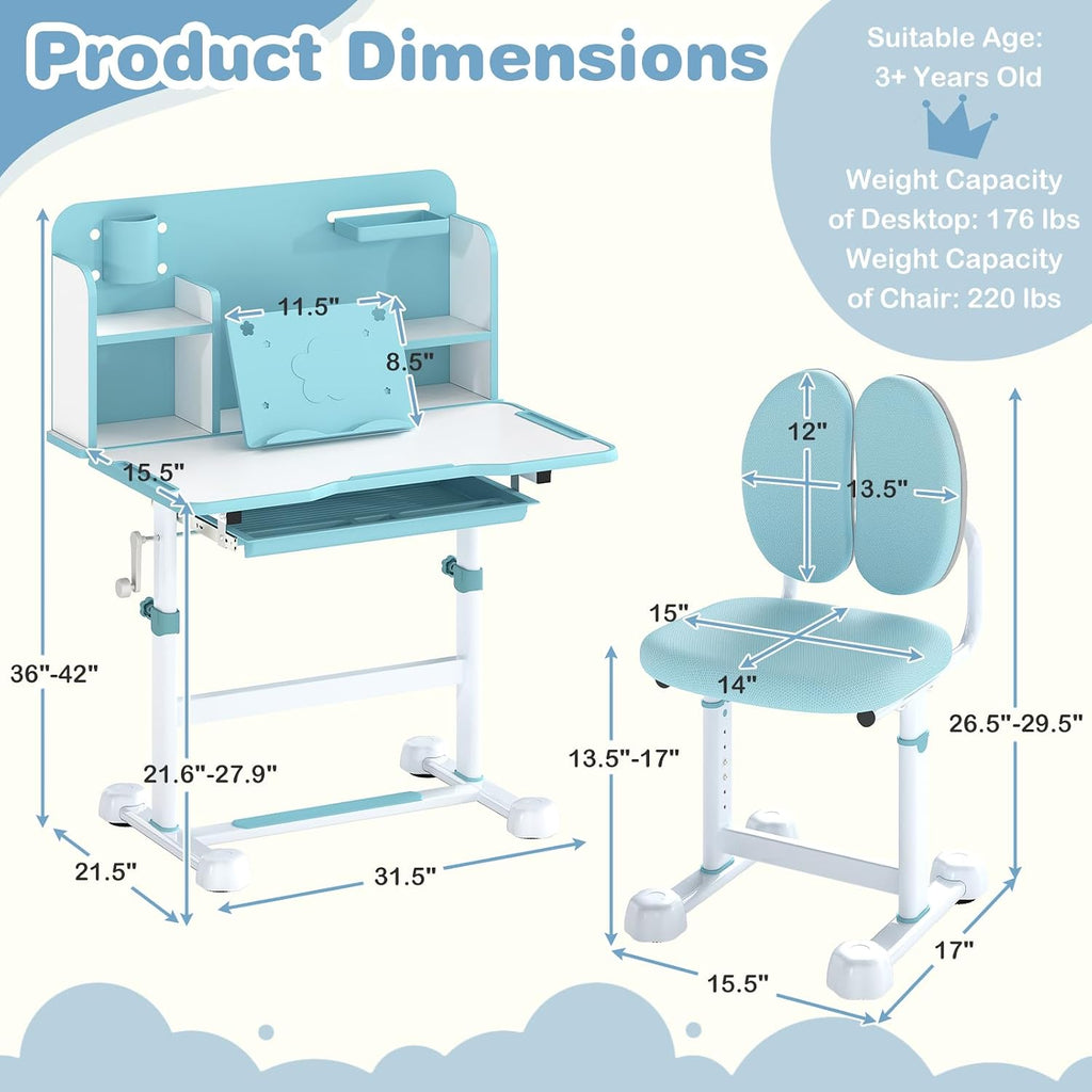 Costzon Kids Height-Adjustable Study Desk and Chair Set with Tilting Desktop, Pen Holder, Reading Stand, Footrest Bar, Ergonomic Design for Toddlers (Blue, 31.5"x21.5"x42")