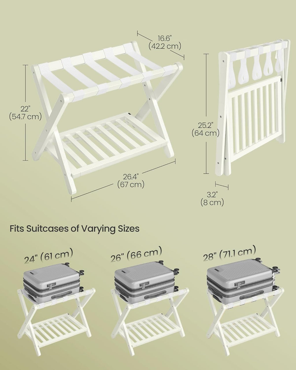 SONGMICS Solid Wood Luggage Rack, No Assembly Required, Foldable Suitcase Stand, Luggage Holder, with Storage Shelf, for Guest Room, Hotel, Bedroom, Cream White URLR020WZ02S