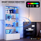 VersionTECH. Display Cabinet with Glass Doors, 4-Tier Curio Cabinet with RGB Lights for Collectibles, Display Case with 2 Drawers, Adjustable Glass Shelves, Human Body Sensor, Mirror Backing, White