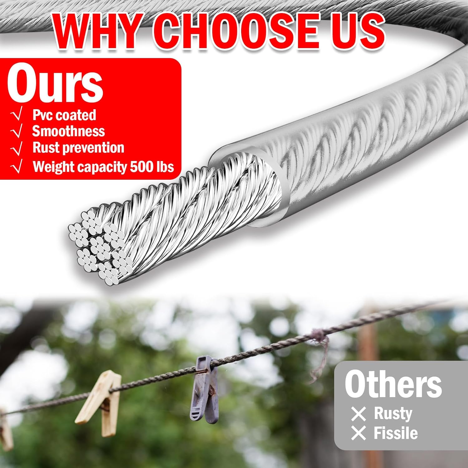 40ft Clothes Line Outdoors 3/16" Wire Ropes Silver PVC Coating Laundry Drying Clothesline Retractor with Metal Hooks Heavy Duty for Umbrella Travel Outside Camping Backyard