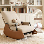 Rocking Chair Nursery, Comfortable Upholstered Recliner Rocker with Foot Rest, Side Pocket and Adjustable High Backrest, Soft Corduroy Modren Rocking Chair Living Room Bedroom, Beige
