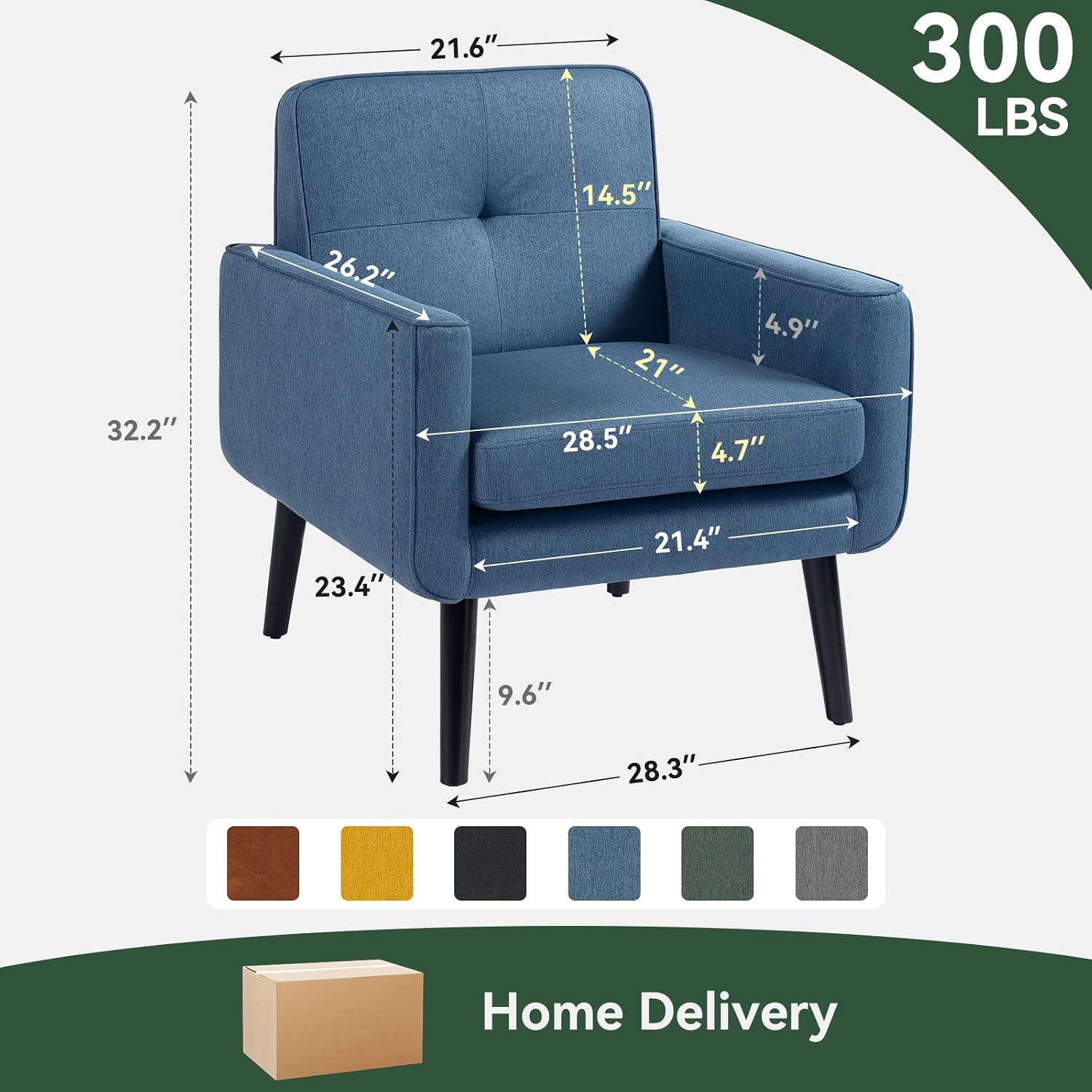 Vogue Furniture Direct Mid Century Accent Chair, Fabric Modern Chair with Wooden Frame, Cozy Armchair Reading Chair with Comfy Back for Apartment, Living Room, Bedroom, Small Space, Corner, Blue