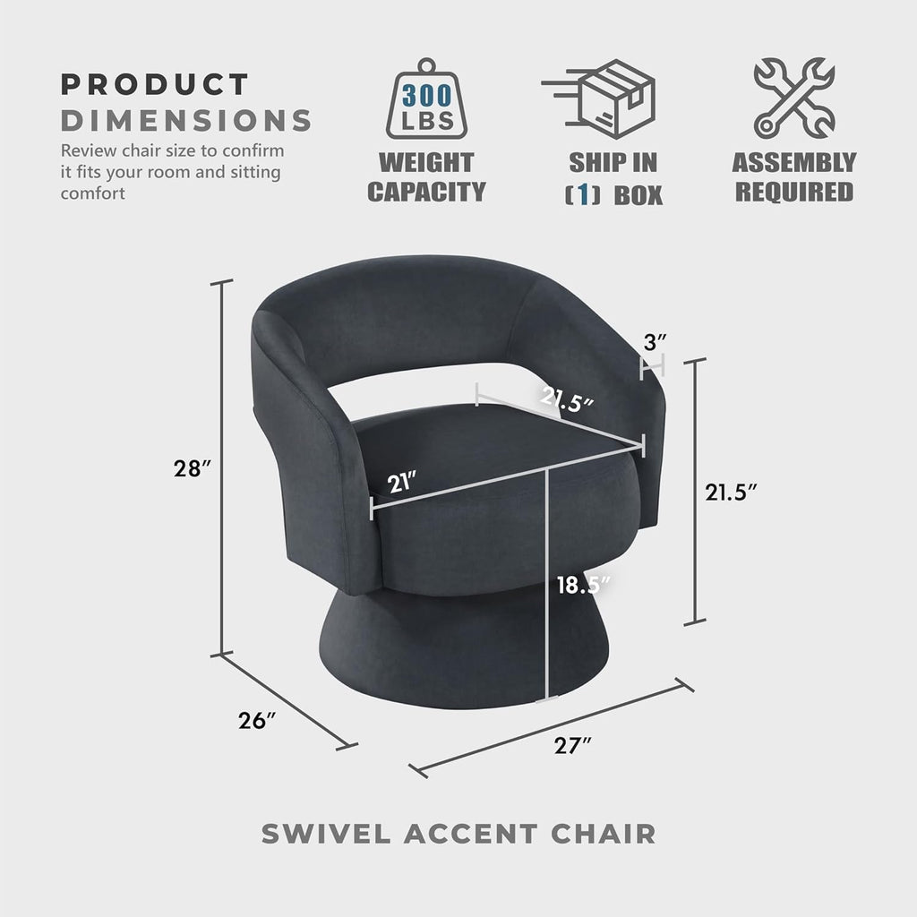 Lexicon 360 Degree Swivel Accent Chair, Modern Comfy Velvet Round Barrel Chair, Open Back, Plush Foam Cushions, Metal Swivel Base for Living Room/Bedroom/Office/Small Spaces, Dark Gray