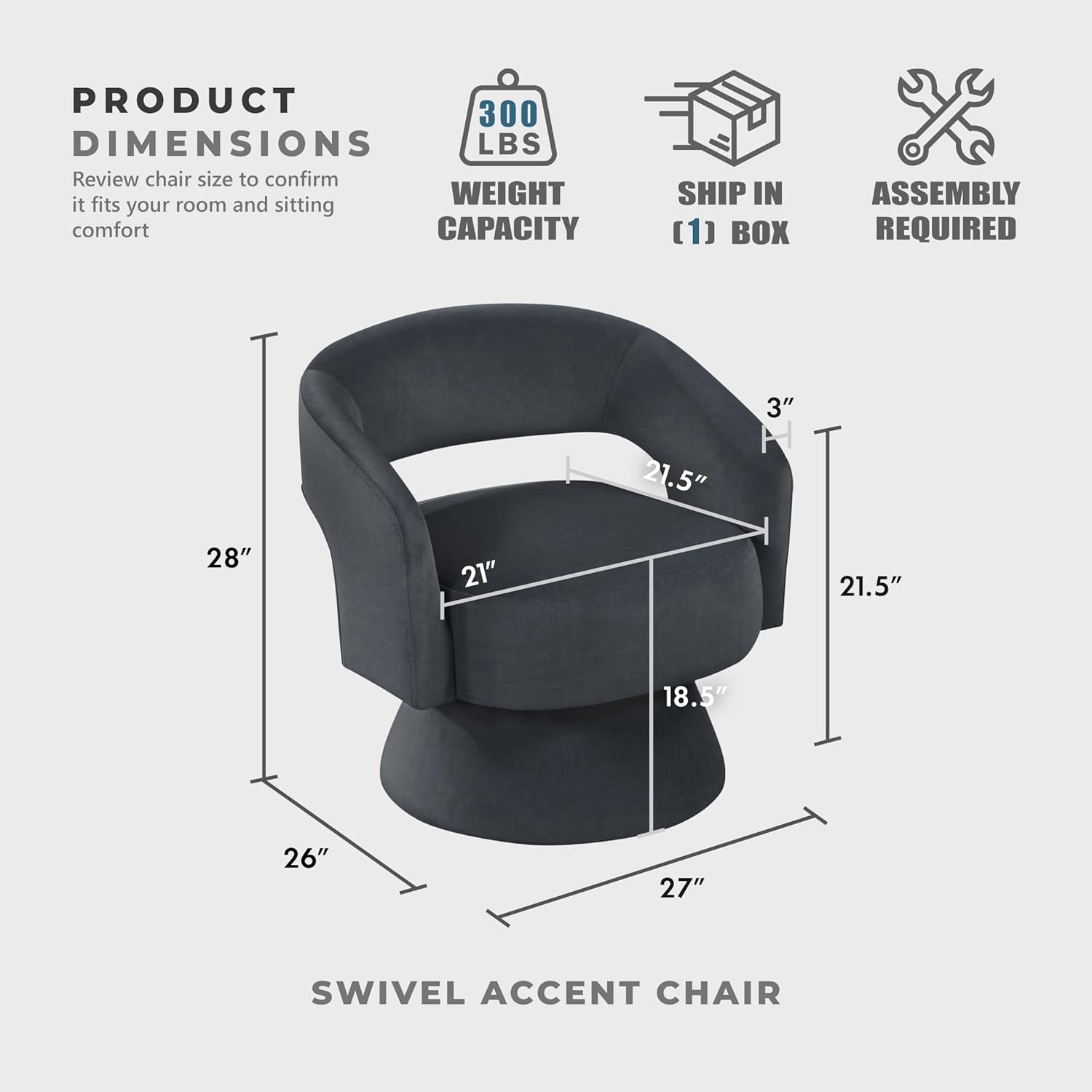 Lexicon 360 Degree Swivel Accent Chair, Modern Comfy Velvet Round Barrel Chair, Open Back, Plush Foam Cushions, Metal Swivel Base for Living Room/Bedroom/Office/Small Spaces, Dark Gray
