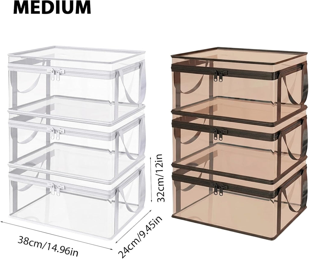 SakerPlus Large Clear Plastic Storage Box with Hinged Lid, Foldable Closet Organizer Bin with Handles, Thick PVC Storage Container for Clothes, Blankets, Bedding, Dorm (3PCS,Black,Large(30in))