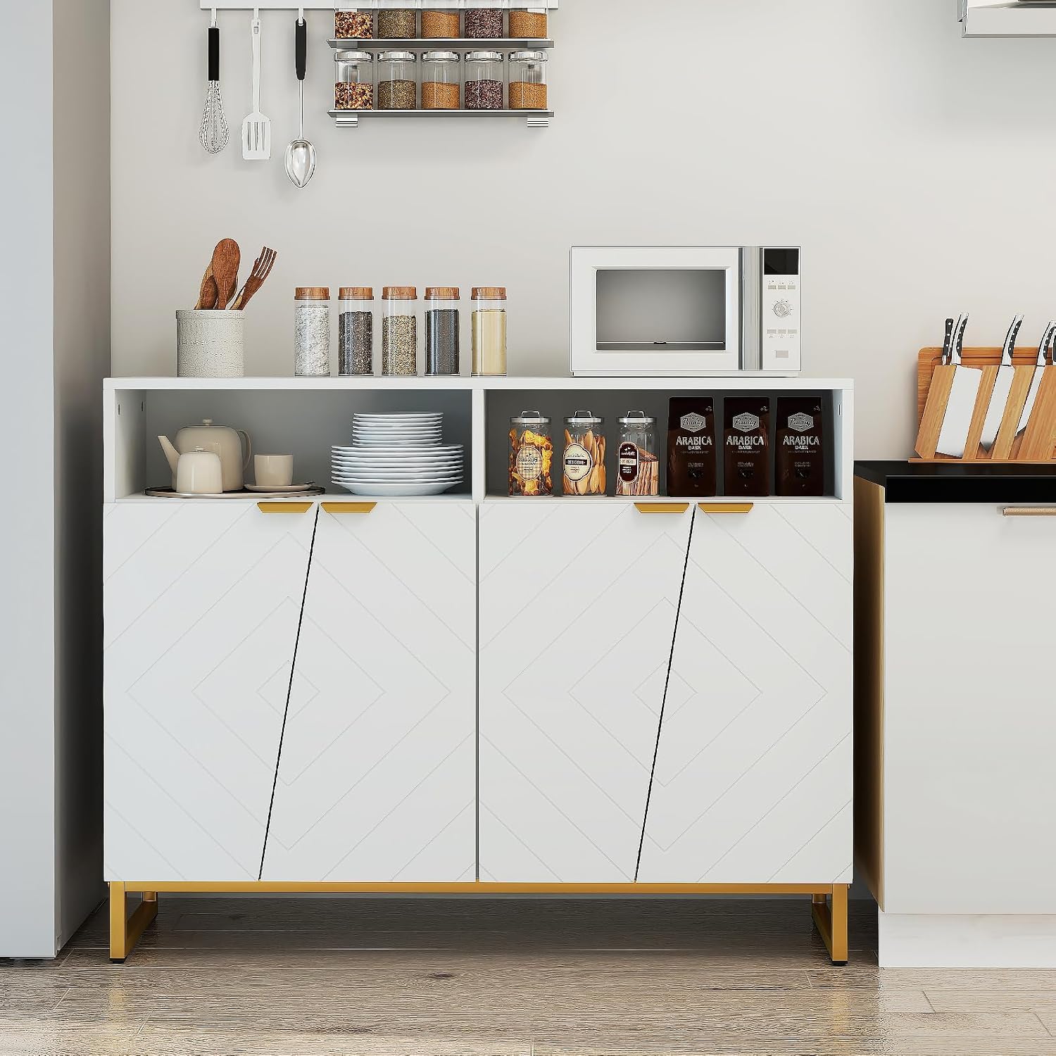 Giantex Buffet Cabinet with Storage, 40" Large Kitchen Sideboard with 4 Doors, 2 Compartments, Adjustable Shelves, Modern Accent Furniture for Living Room Entryway (White)