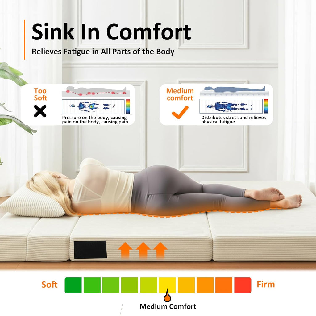JKMAX Single Size Folding Sofa Bed - 4 in 1 Convertible Sleeper Chair - High Density Memory Foam Futon Couch - Foldable Bed for Living Room Bedroom (Beige)