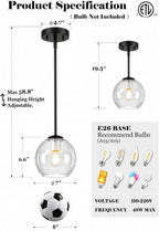 BTP Modern Glass Globe Pendant Light for Kitchen Island, Black Pendant Light Fixture with Adjustable Height Rods, Sloped Ceiling Compatible Clear Glass Hanging Light, E26 Base for Dining Room Foyer