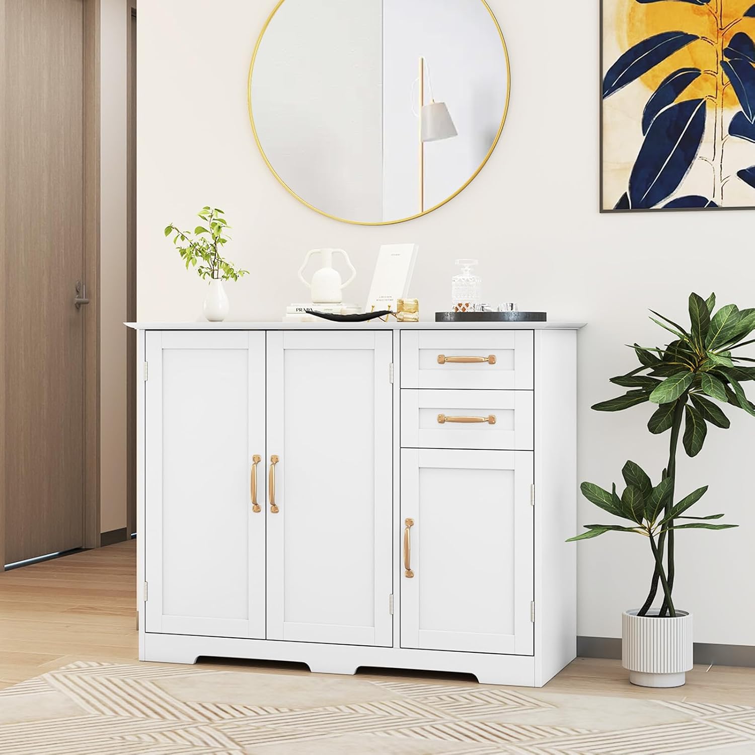 Kitchen Buffet Cabinet, Modern Sideboard with Drawers & Adjustable Shelves, Wooden Credenzas for Living Room, 40" Console Cabinet for Dining Room, Coffee Bar, Entryway (White)