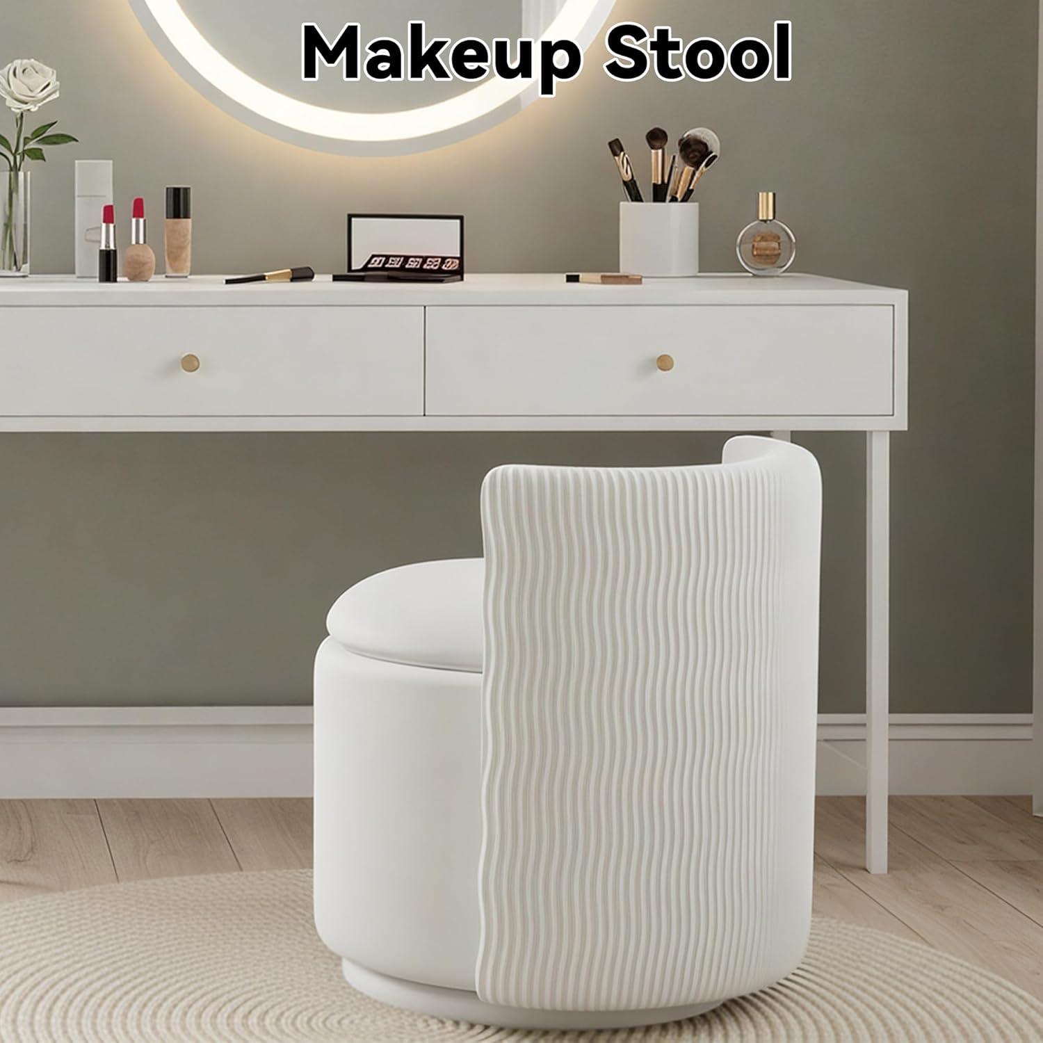 360° Swivel Velvet Vanity Chair with Storage, Barrel Makeup Chair with Wave Back, No Assembly Vanity Stool Small Accent Chairs for Living Room, White