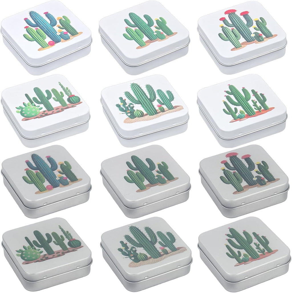 Goodma 12 Pieces Square Metal Empty Tins with Hinged Lid | Home Storage Containers Organizer, Mini Box, Cactus Image, 2.76x2.76x0.79 inch, 2 Colors Assorted