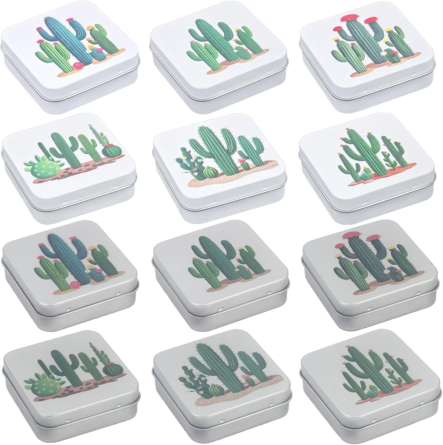 Goodma 12 Pieces Square Metal Empty Tins with Hinged Lid | Home Storage Containers Organizer, Mini Box, Cactus Image, 2.76x2.76x0.79 inch, 2 Colors Assorted
