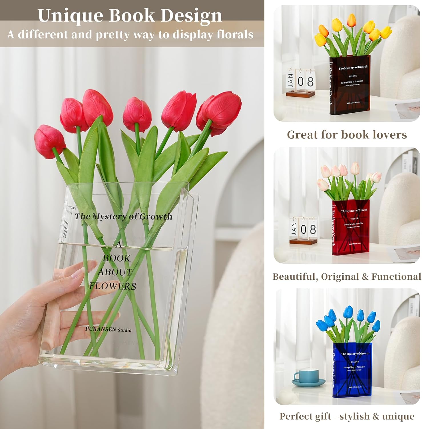 Puransen Clear Book Flower Vase - Floral Bookshelf Decor, Acrylic Flower Holder & Space-Saving Organizer, Modern Home Office/Study Desk Minimalist Aesthetic (Not Including Flowers)