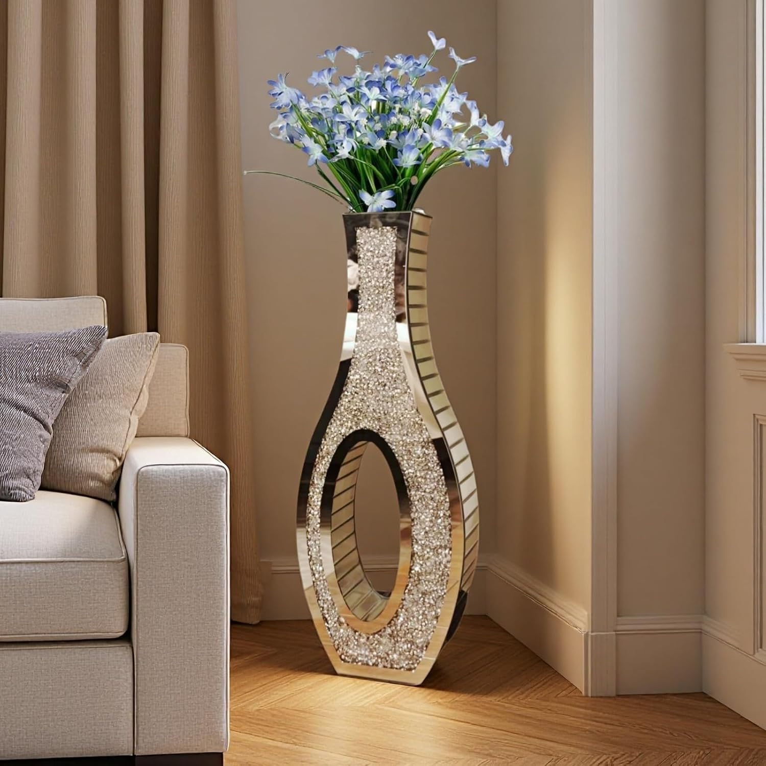 30" Tall Double Sided Crushed Diamond Floor Vases, Large Hollow Out Dustproof Vase for Living Room, Floor Vases Decorative Tall for Home,Office,Hotel(11.8" L x 5.37" W x 30" H)