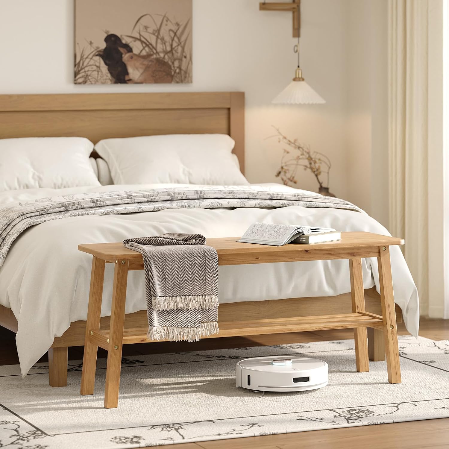 VINGLI Solid Wood Dining Bench 39" Wooden Bench for Entryway, Bedroom, Kitchen & Living Room, with Shoe Rack Storage, Light Brown