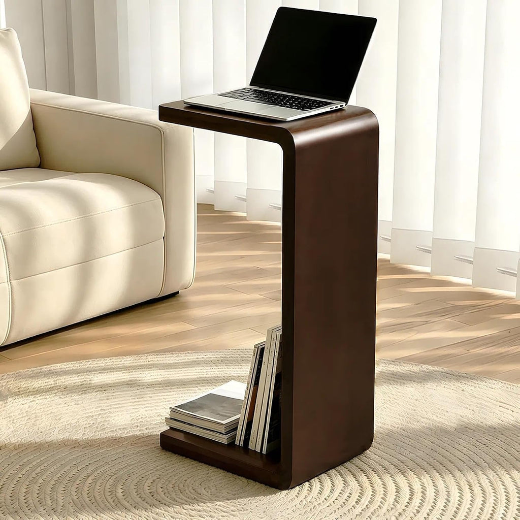 C Shaped End Table, Wooden Sofa Side Table, for Living Room, Bedroom, Office, for Laptop, Coffee, One-Piece Design Saves Space, Walnut