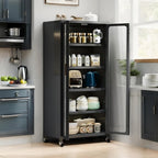 Kitchen Pantry Storage Cabinet, Gray 6 Tier Metal Display Cabinet with Transparent Double Doors, Adjustable Shelves & 360° Lockable Wheels, Easy Assembly, 65.16" W×23.62" D×15.75" H