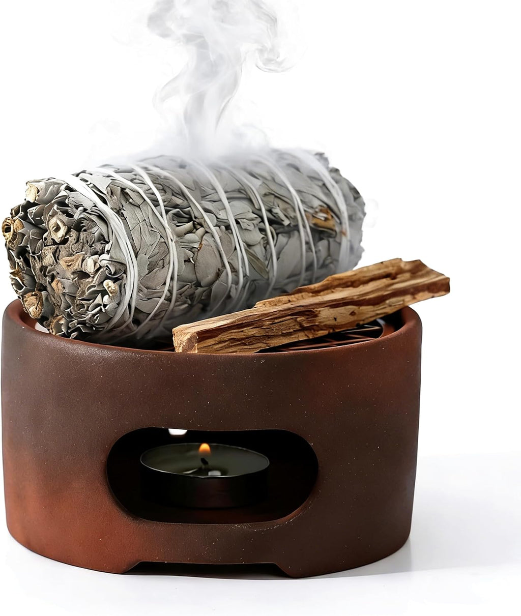 All-in-One Incense Holder for Burning Palo Santo & Sage Sticks & Insence-Stick and Cone & Candle, Lasting Burn Palo Santo & Sage Bundle & Loose Sage Leaves, Ash-Free, Wind-Resistant(Brown)