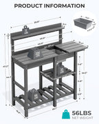 SERWALL Outdoor Potting Bench with Removeable Sink,Rot-Resistant HDPE Potting Table for Outside Gardening, All Weather Use - Gray