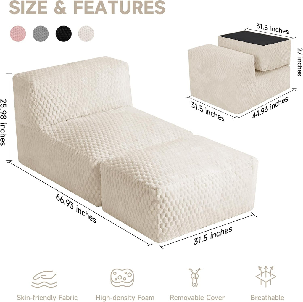 Unique Tortoise Pattern Soft Fabric Oversized Bean Bag Lounger Chair, 3-in-1 Sofa with Ottoman, Advanced Memory Foam, No Assembly for Living Room, Dorm, Bedroom(Beige)
