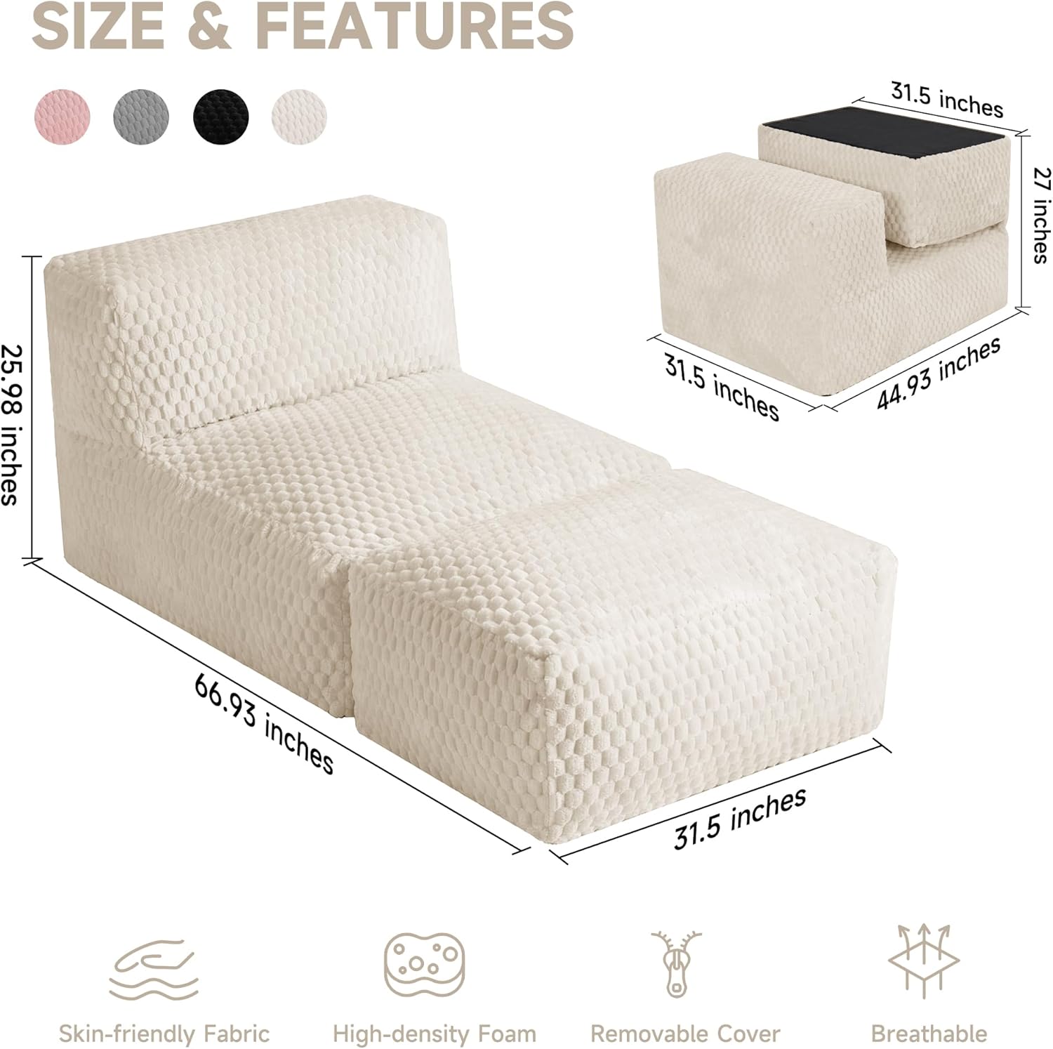 Unique Tortoise Pattern Soft Fabric Oversized Bean Bag Lounger Chair, 3-in-1 Sofa with Ottoman, Advanced Memory Foam, No Assembly for Living Room, Dorm, Bedroom(Beige)