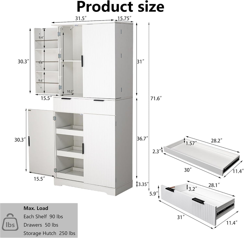 71.6'' Kitchen Pantry Cabinet, Fluted Storage Cabinet with 4 Doors + 6 Door Storage Shelves + 3 Sliding Shelves + 1 Drawer, Freestanding Wood Cupboard for Dining Room, Living Room, Bathroom