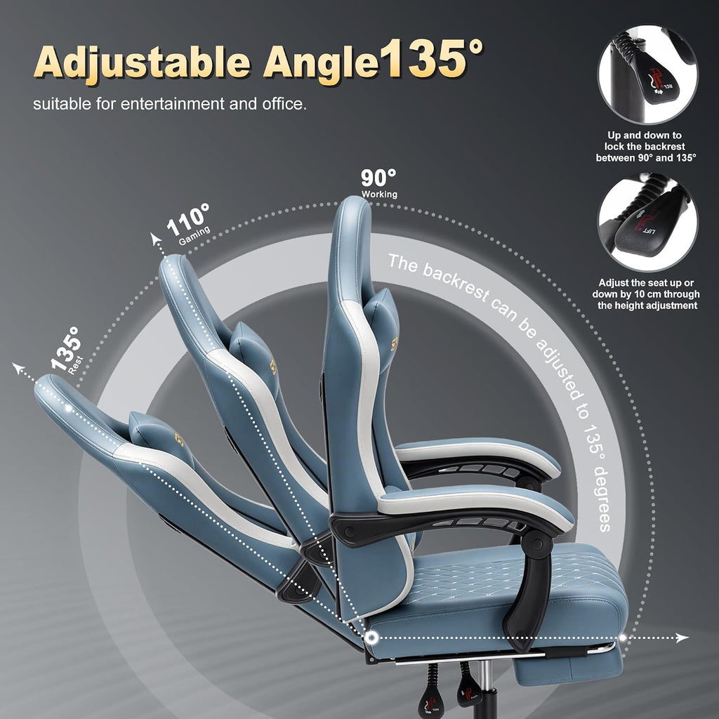 Symino Gaming Chair with Footrest, Linkage Armrests & 10cm Thick Seat, PU Leather Ergonomic Computer Chair, 150° Recline Office Chair, Light Blue