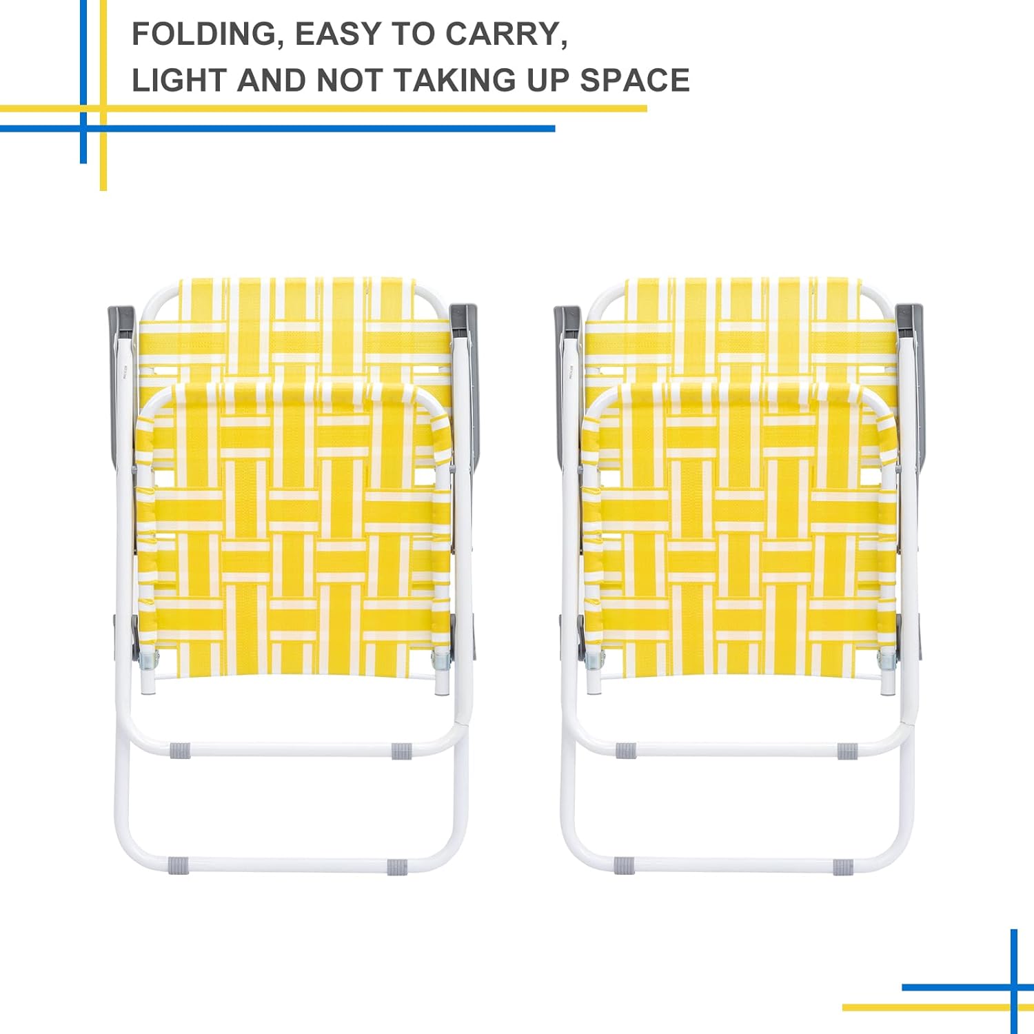 Vasitelan Patio Lawn Chairs Folding Chairs Set of 2, Webbed Folding Chair Outdoor Beach Chair Portable Camping Chair for Yard, Garden (Yellow & White)