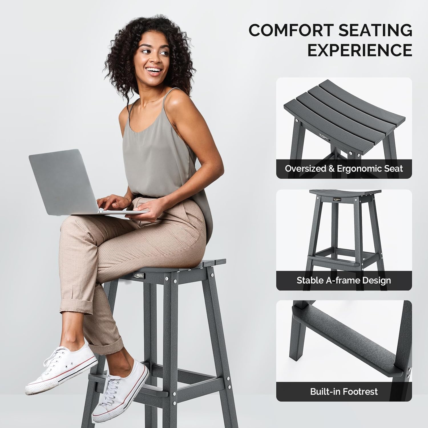 VINGLI 29" Outdoor Bar Stools Set of 2, HDPE Poly Lumber Bar Chairs with Footrest, Weather Resistant Patio Barstools for Bar, Kitchen Counter, Yard (Gray, 29 Inch 2 PC)