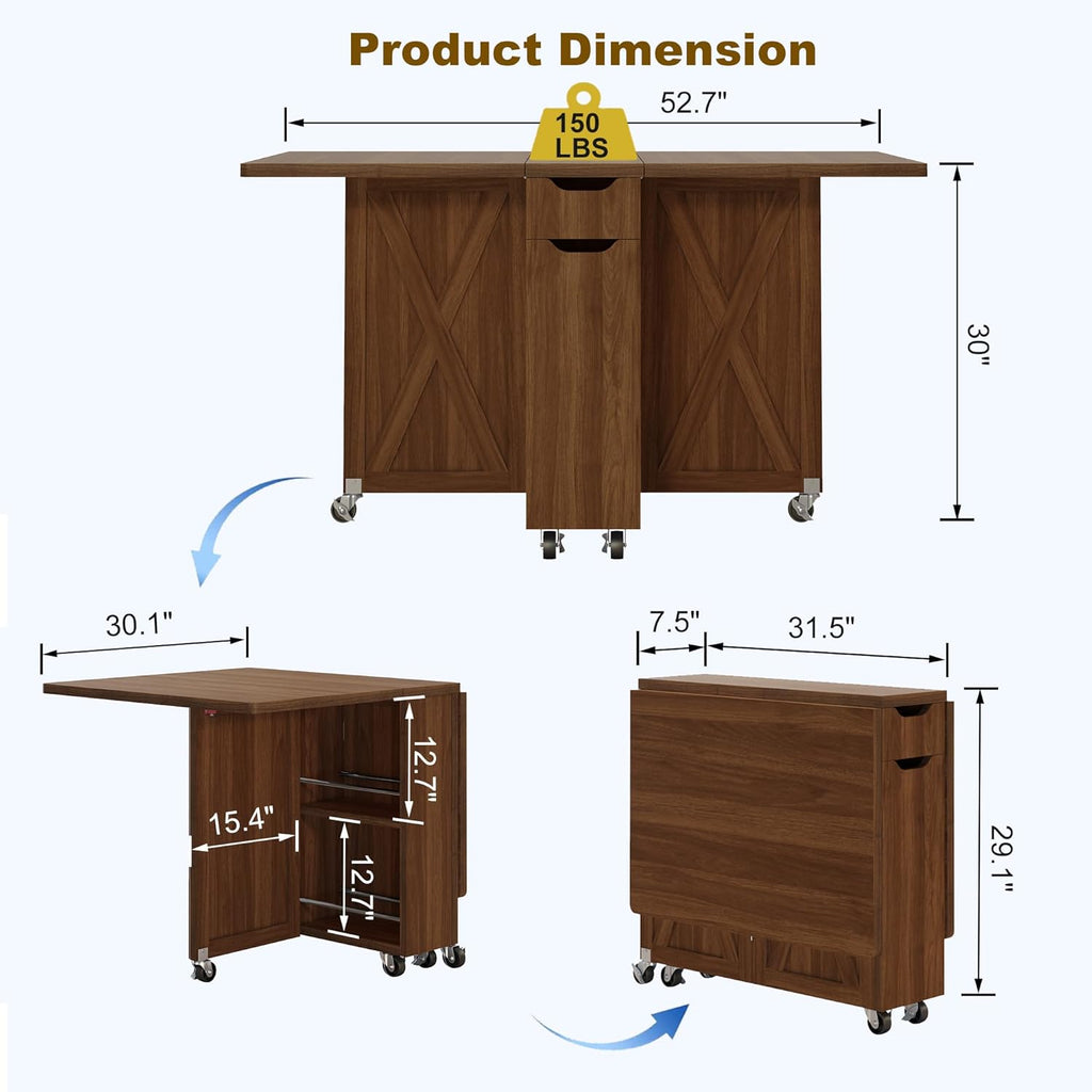 52.7" Folding Dining Table with 6 Wheels, Foldable Dining Table with Drawer, Shelves and Wine Racks, Drop Leaf Table for Small Spaces, Suitable for Kitchen, Dining Room, Apartment (Walnut)