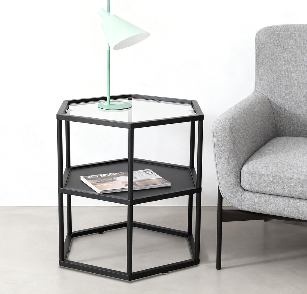 Side Table, Modern Coffee Tables with 2-Tier Storage with Metal Frame, Hexagon Glass Center Table for Living Room Bedroom Office Apartments Decor
