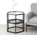 Side Table, Modern Coffee Tables with 2-Tier Storage with Metal Frame, Hexagon Glass Center Table for Living Room Bedroom Office Apartments Decor