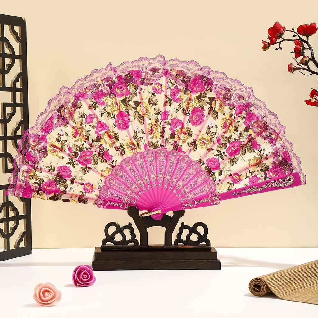 Floral Lace Folding Hand Fan with Tassel, Vintage Chinese Style Foldable Fan, Elegant Handheld Fans for Women, Wedding Party, Cosplay, Home Decor (Magenta)