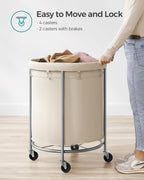 SONGMICS 50.2-Gallon (190 L) Laundry Basket with Wheels, Rolling Round Heavy-Duty Laundry Hamper Cart with Steel Frame and Removable Bag, 2 Locking, White and Metallic Silver, URLS01MZ