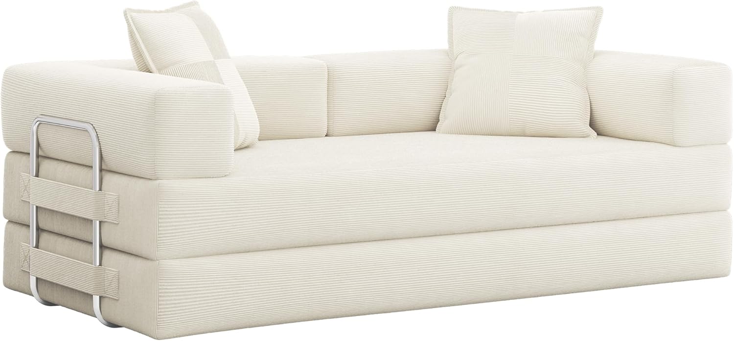 GRUSIGN 78 Inch Convertible Sofa Bed, 5-in-1 Futon Sofa Bed Pull Out Couch, Boneless Couch Bed for Living Room, Corduroy Boneless Couches for Bedroom, Apartment, No Assembly Sleeper Sofa Bed, Beige