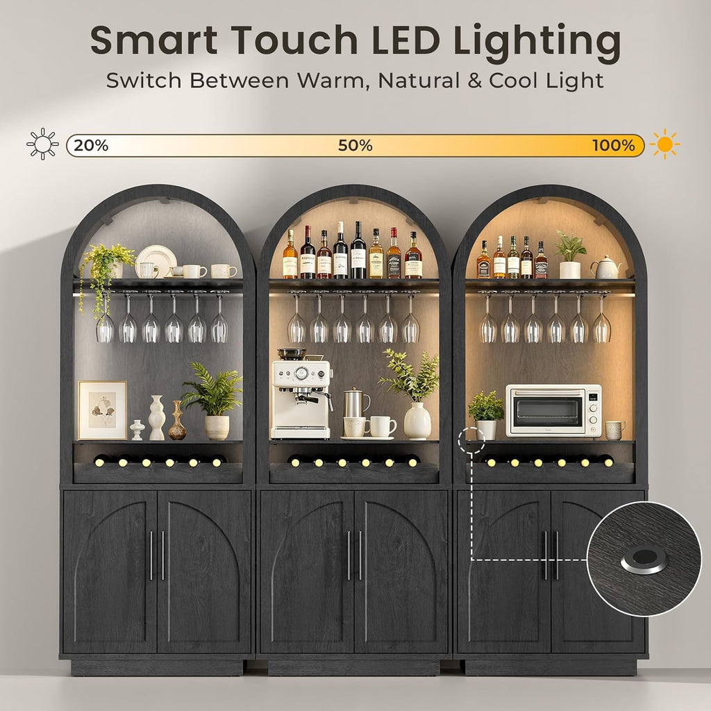 79" Arched Display Cabinet with LED Lighting & Built-In Outlets, 2-Piece Coffee Bar Station with Wine Drawer, Stemware Rack and Adjustable Shelves for Kitchen, Dining Area, Lounge, Black Grey