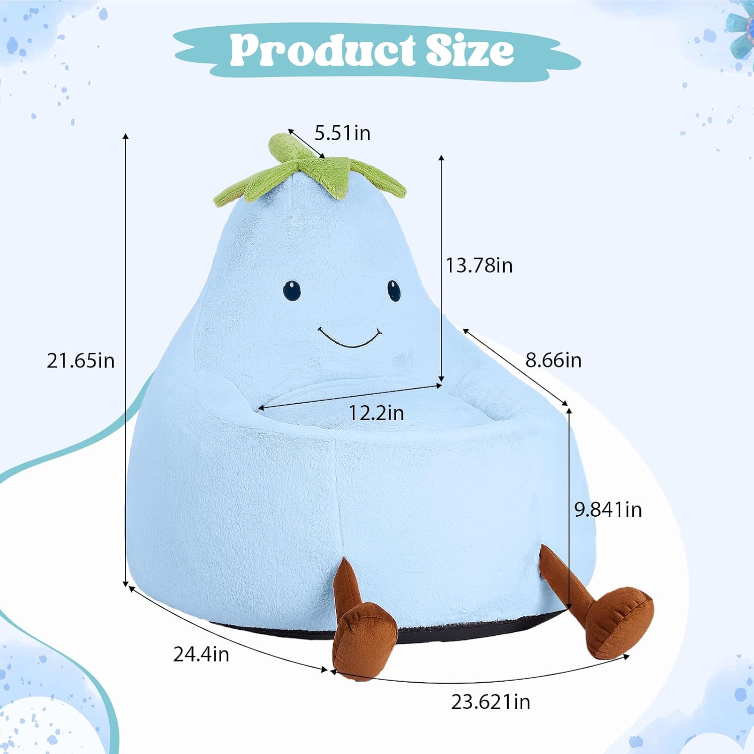 2FT Memory Foam Bean Bag Chair - Ultra Soft Faux Rabbit Fur Round Sofa with Handle & Machine Washable Cover, Comfy Lazy Chair for Kids Teens, Perfect for Reading Gaming in Living Room Bedroom, Blue