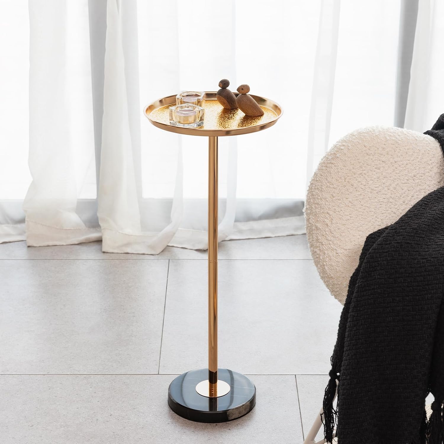 extrasleep Adjustable Side Table, Small Tea Martini Table, Gold, Natural Marble Decorative Pedestal End Table for Display and Storage