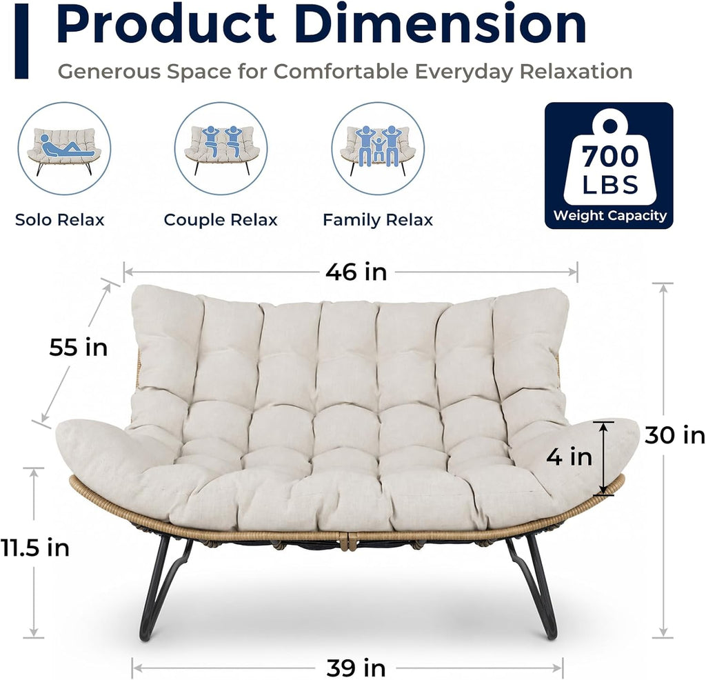 SWITTE Outdoor Papasan Loveseat, Oversized Double Wicker Egg Chair with Cushion, All-Weather Rattan 2-Seater Patio Lounge Chair for Balcony, Backyard, Poolside, Porch, Beige
