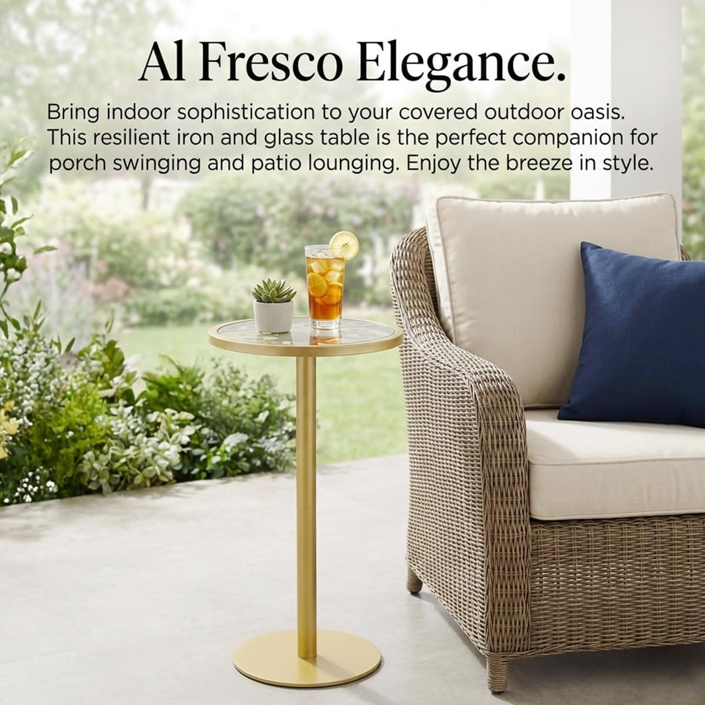 Gold Drink Table, Indoor Outdoor Small Round Side Table with Tempered Glass Top & Scroll Design, 24.7" Metal Pedestal End Table for Living Room, Patio, Small Spaces, Weather Resistant
