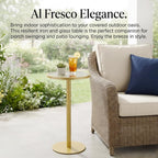 Gold Drink Table, Indoor Outdoor Small Round Side Table with Tempered Glass Top & Scroll Design, 24.7" Metal Pedestal End Table for Living Room, Patio, Small Spaces, Weather Resistant