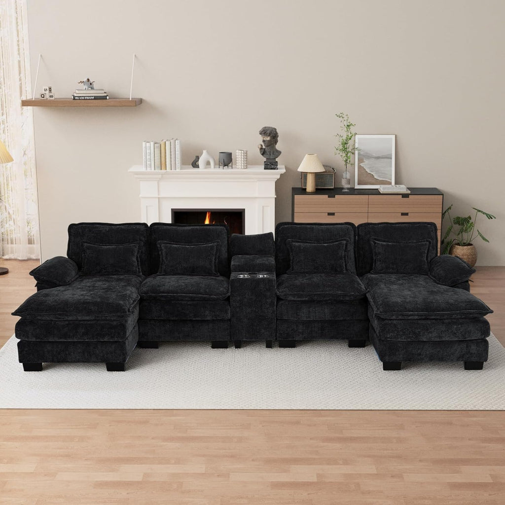 OUYESSIR U Shaped Cloud Sectional Couch, 132" Fluffy Modular Sofa Set with Double Chaise Lounge Central Console & USB Port, Comfy Chenille Big Sectional Couches for Living Room, Dark Black