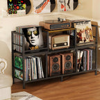 Record Player Stand, Turntable Stand with 3-Compartment Vinyl Storage Cabinet, Holds 300+ Albums, Sturdy Record Player Table for Living Room & Music Room