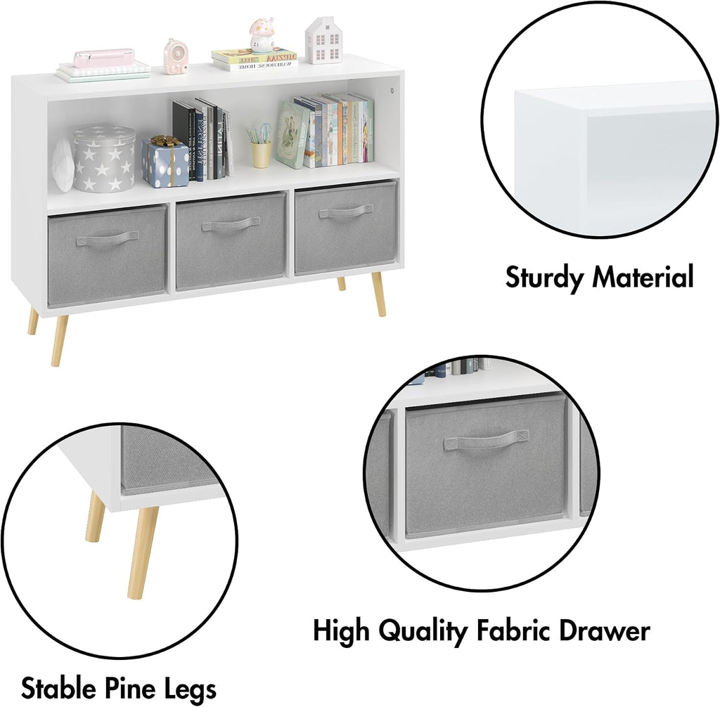 Kids Bookcase, Multi Shelf Cubby with 3 Collapsible Fabric Drawers, 3-in-1 Toy Storage Cabinet Organizer, Wooden Kids Book Display for Bedroom, Nursery, Playroom, White+Gray